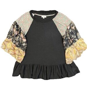 UMGEE Floral Paisley Boho Waffle Knit Top Women Size Medium Flare sleeve Peasant